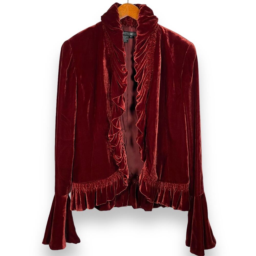 Lafayette 148 New York Velvet Ruffle Jacket - Wine Red Sz 12